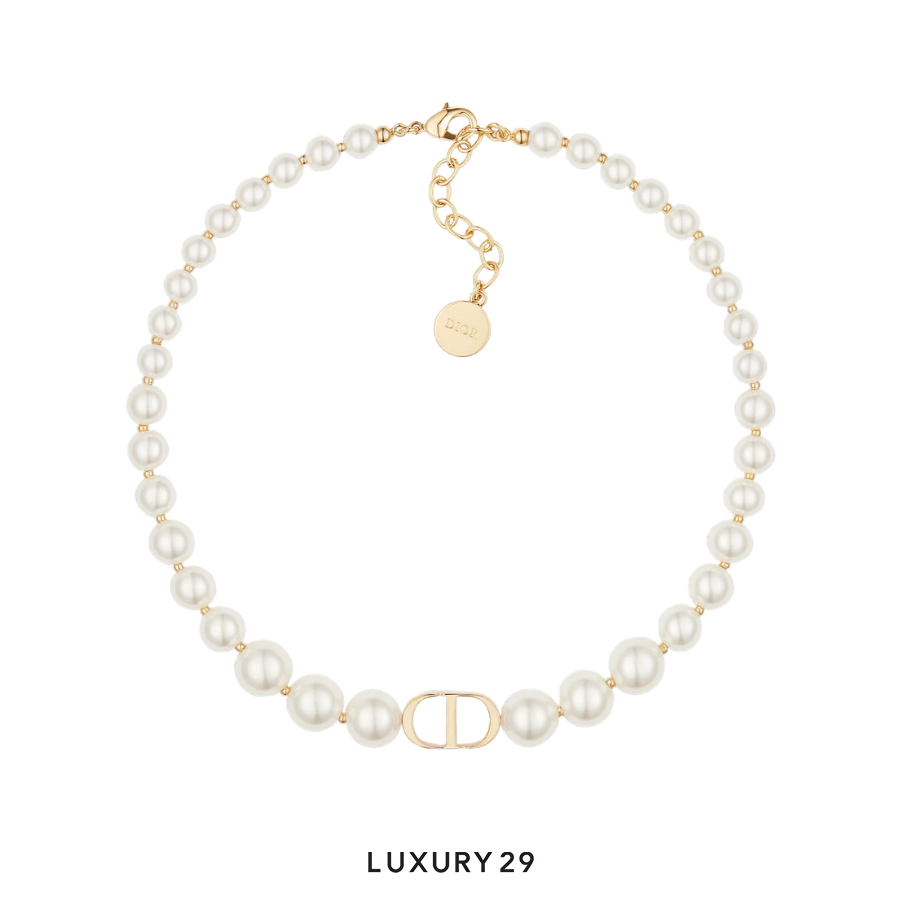 Dior 30 Montaigne Short Necklace Gold-Finish Metal and White Resin Pearls DIOR