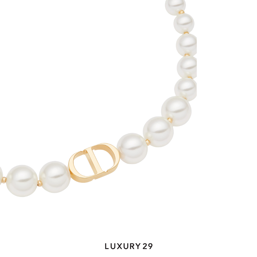 Dior 30 Montaigne Short Necklace Gold-Finish Metal and White Resin Pearls DIOR
