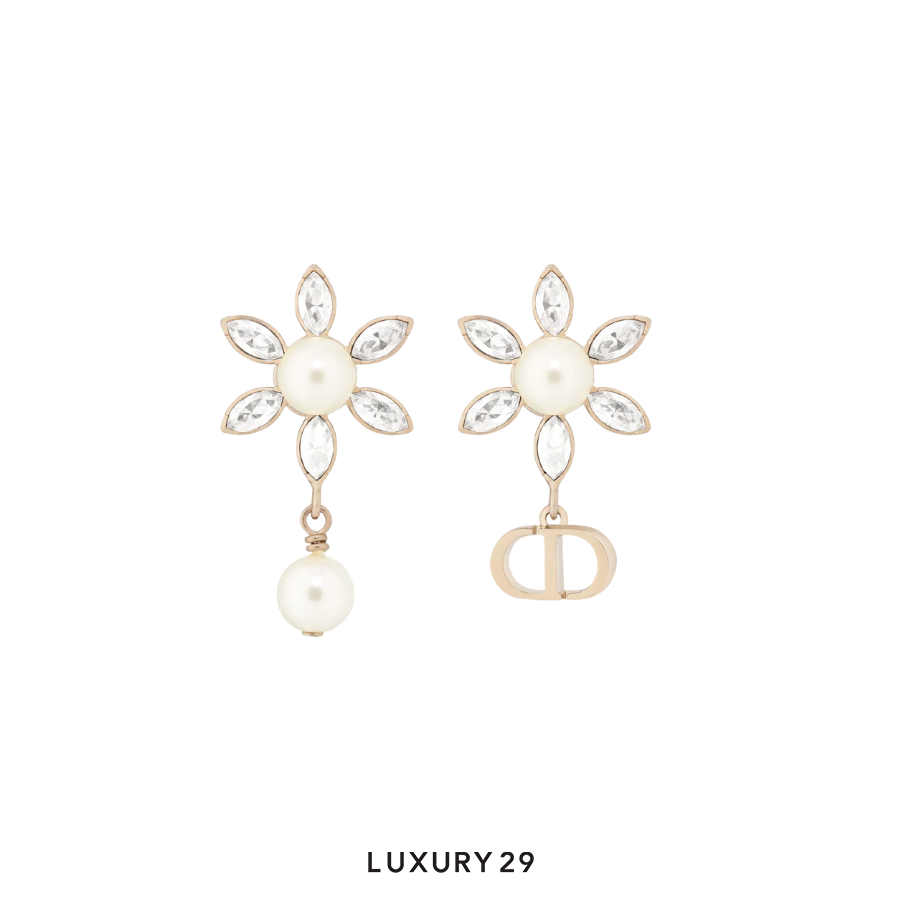 Dior Bloom in Dior Earrings Gold-Finish Metal with White Resin Pearls and Silver-Tone Crystals DIOR