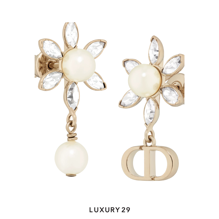 Dior Bloom in Dior Earrings Gold-Finish Metal with White Resin Pearls and Silver-Tone Crystals DIOR