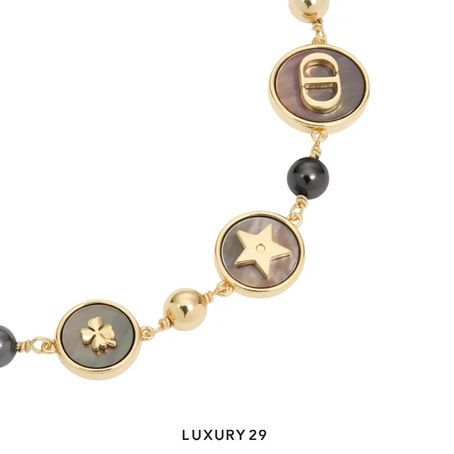 Dior D-Luck Bracelet Gold-Finish Metal, Deep Gray Resin Pearls and Tahiti Mother-of-Pearl