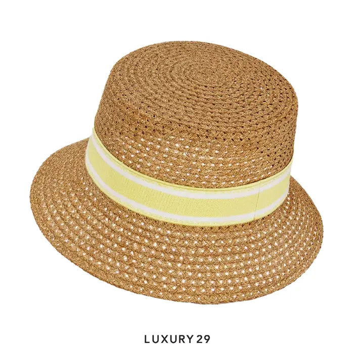 Dior Dioriviera D-Bobby Small Brim Hat Straw with Lemon Yellow and White Embroidered Band DIOR