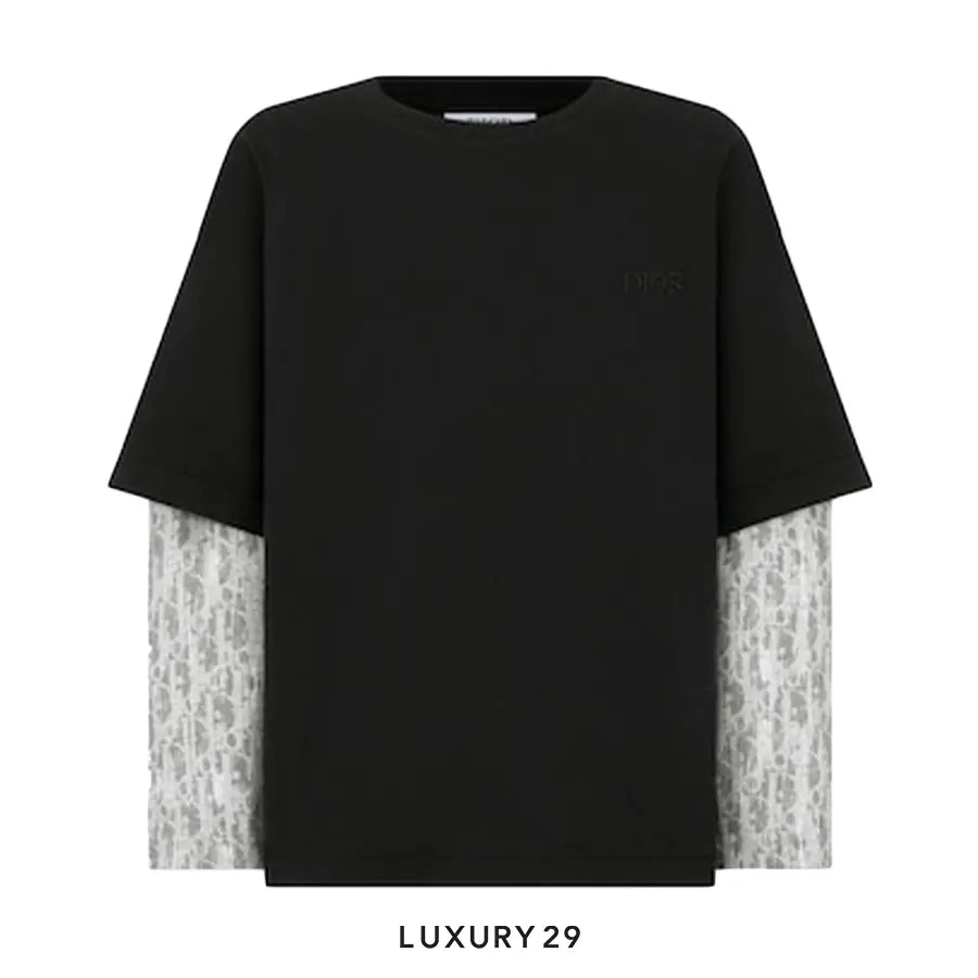 Kid Dior Long-Sleeved T-Shirt Black Cotton Jersey and Gray Dior Oblique with Camouflage Effect