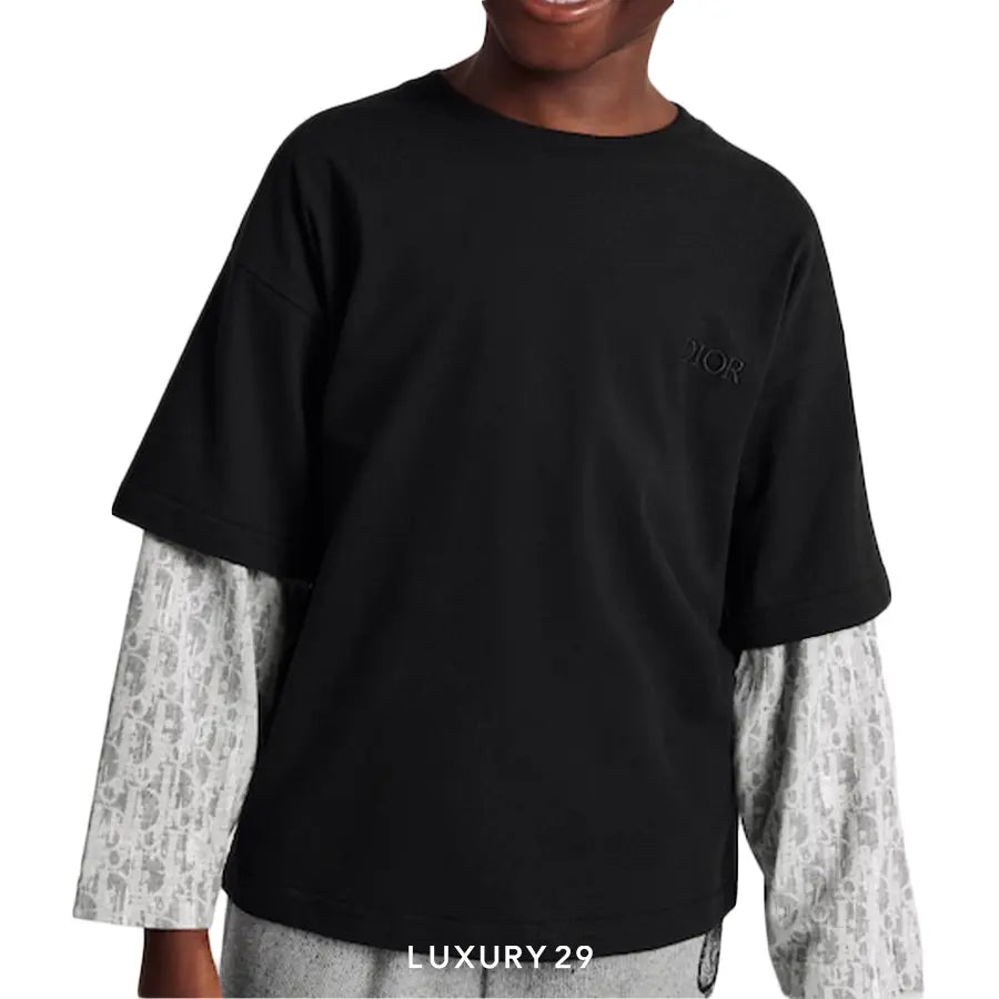 Kid Dior Long-Sleeved T-Shirt Black Cotton Jersey and Gray Dior Oblique with Camouflage Effect DIOR