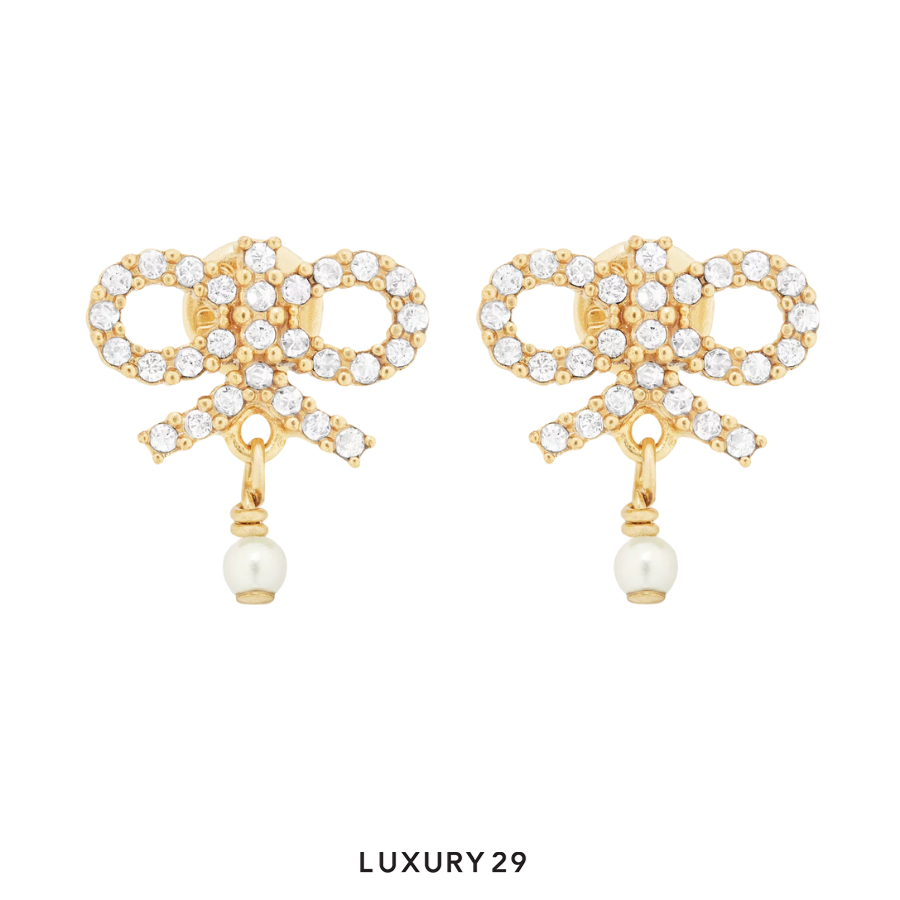 Dior Le Noeud de Dior Earrings Gold-Finish Metal with White Resin Pearls and Silver-Tone Crystals DIOR
