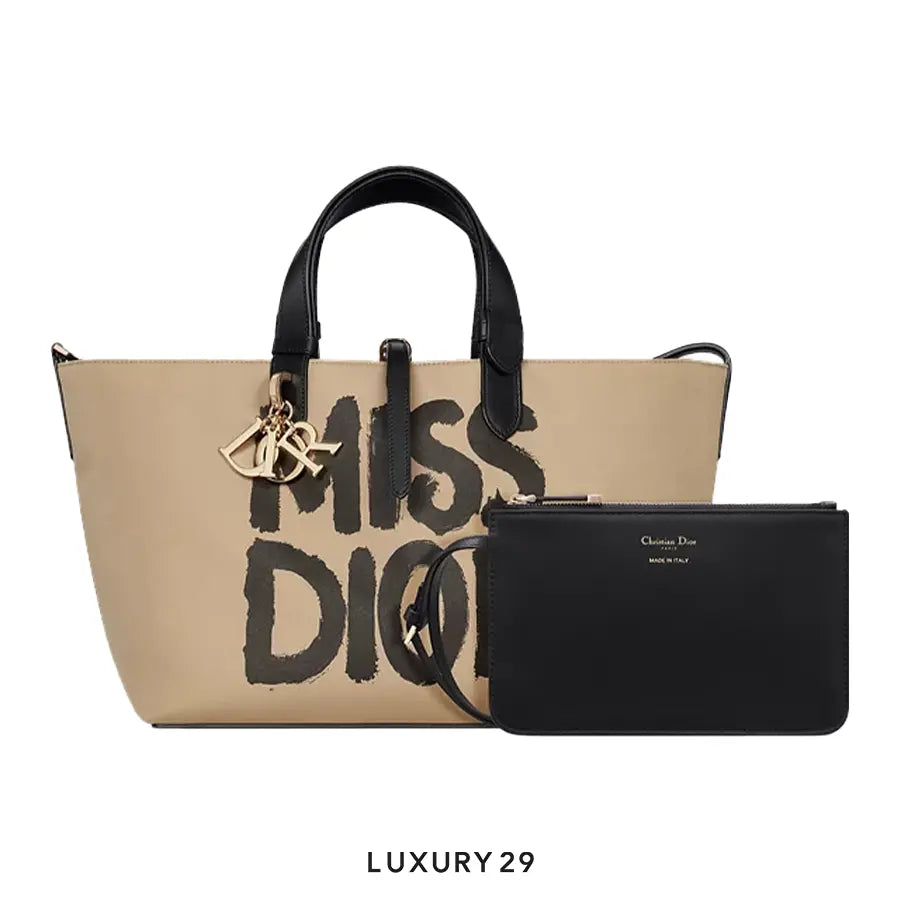 Dior Medium Dior Toujours Bag Beige and Black Miss Dior Graffiti Printed Water-Repellent Fabric