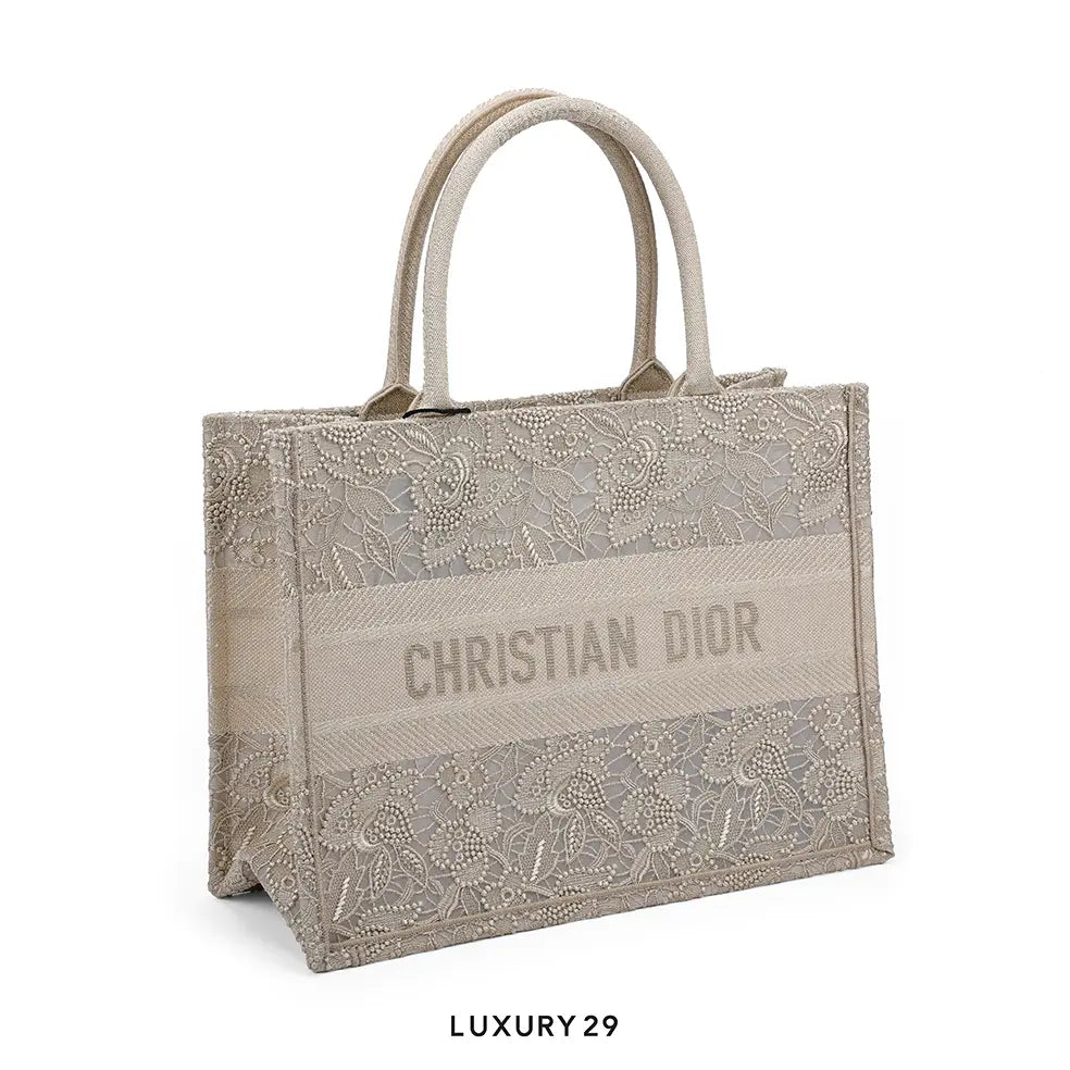 Dior Medium Or Dior Book Tote Gold-Tone D-Lace Embroidery with Macrame Effect DIOR