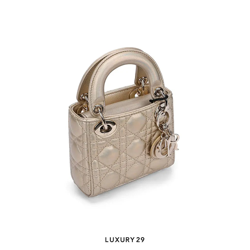 Dior Or Lady Dior Micro Bag Iridescent Metallic Gold-Tone Cannage Lambskin DIOR