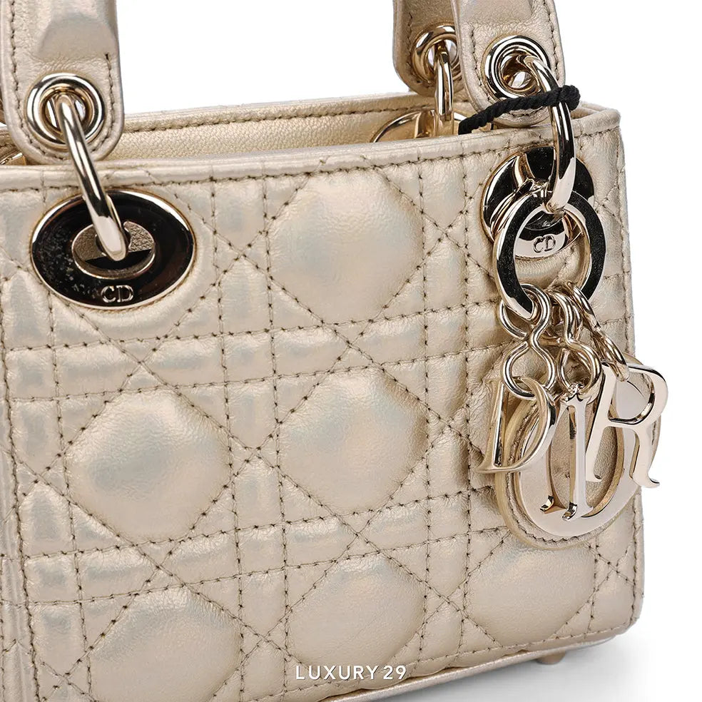 Dior Or Lady Dior Micro Bag Iridescent Metallic Gold-Tone Cannage Lambskin DIOR