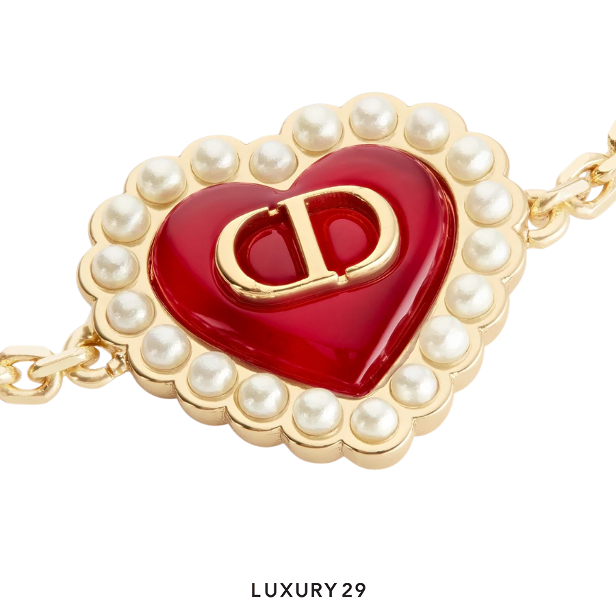 Dior Petit CD Baroque Bracelet Gold-Finish Metal with White Resin Pearls and Red Glass