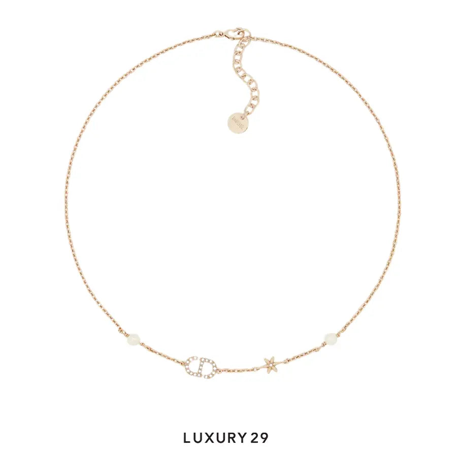 Dior Petit CD Daisy Necklace Pale Gold-Finish Metal, White Resin Pearls and Silver-Tone Crystals