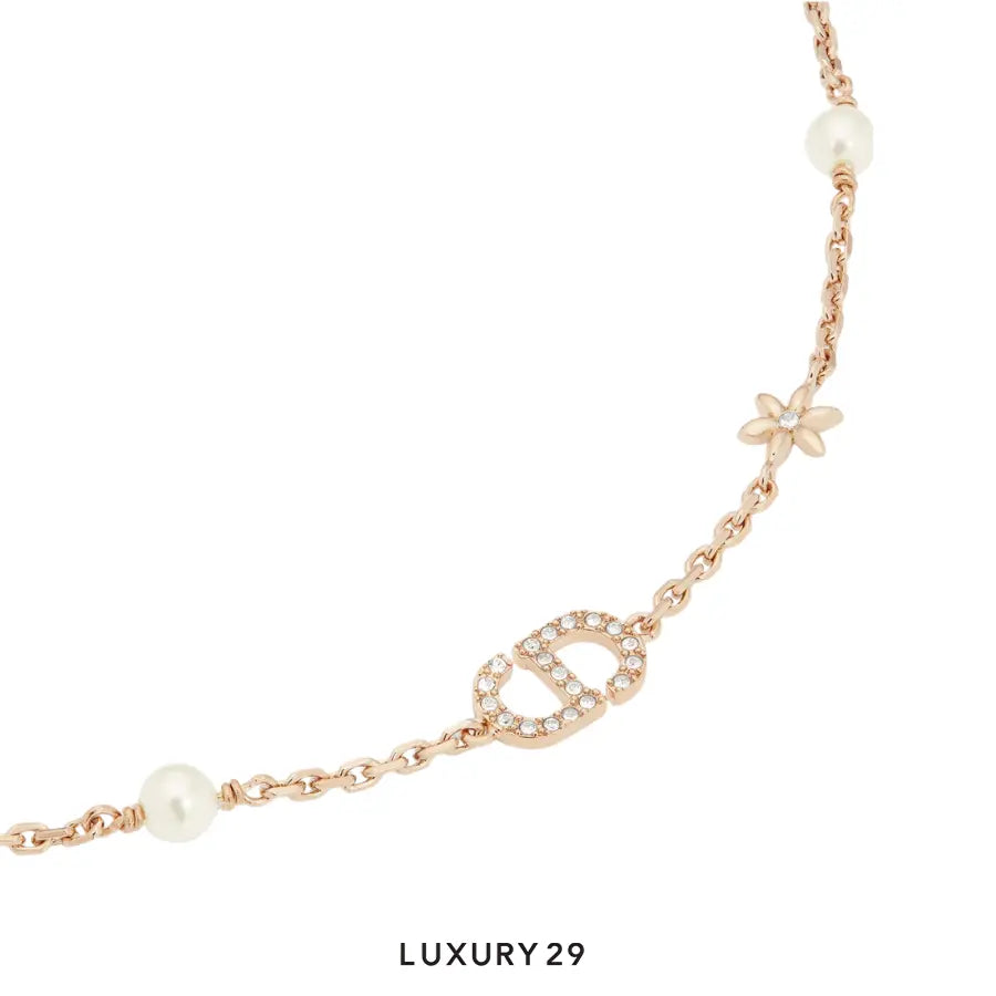 Dior Petit CD Daisy Necklace Pale Gold-Finish Metal, White Resin Pearls and Silver-Tone Crystals