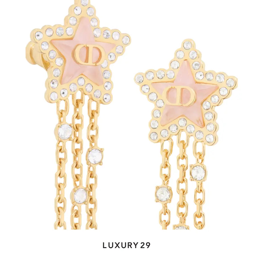 Dior Petit CD Lucky Baroque Earrings Gold-Finish Metal, Silver-Tone Crystals and Macaron Pink Glass