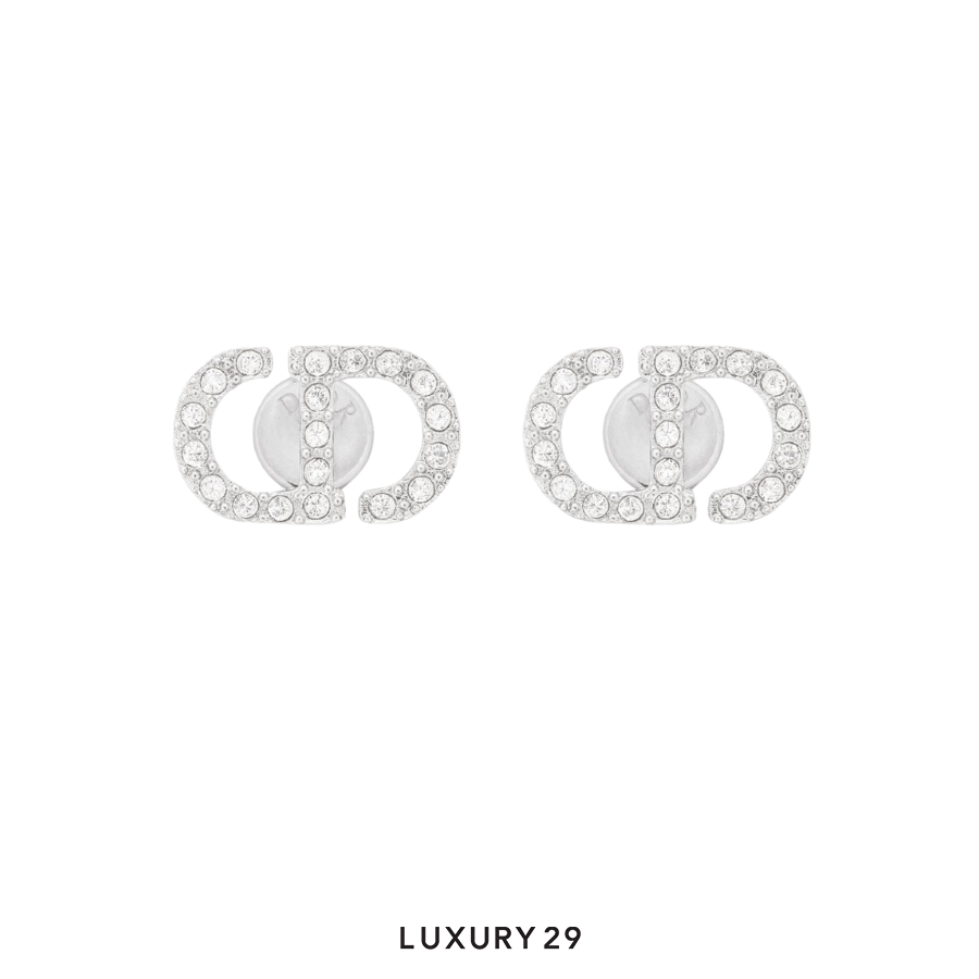 Dior Petit CD Stud Earrings Silver-Finish Metal with White Crystals DIOR
