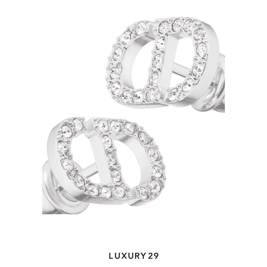 Dior Petit CD Stud Earrings Silver-Finish Metal with White Crystals DIOR