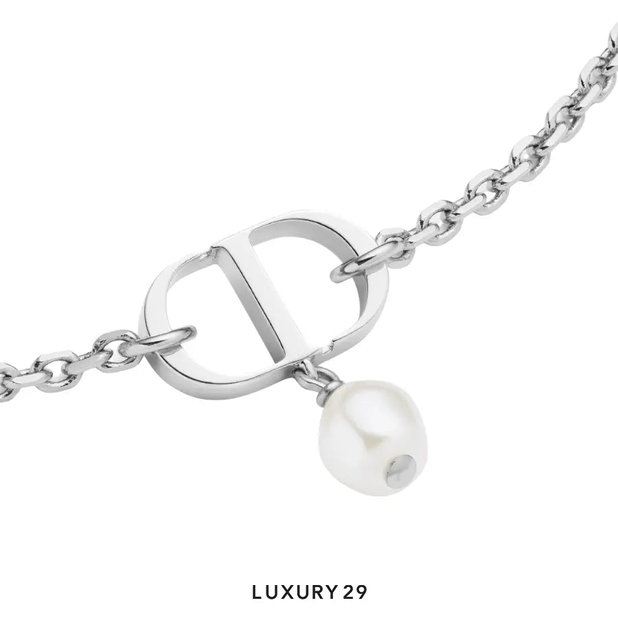 Dior Petit CD Necklace Silver-Finish Metal with White Resin Pearl DIOR