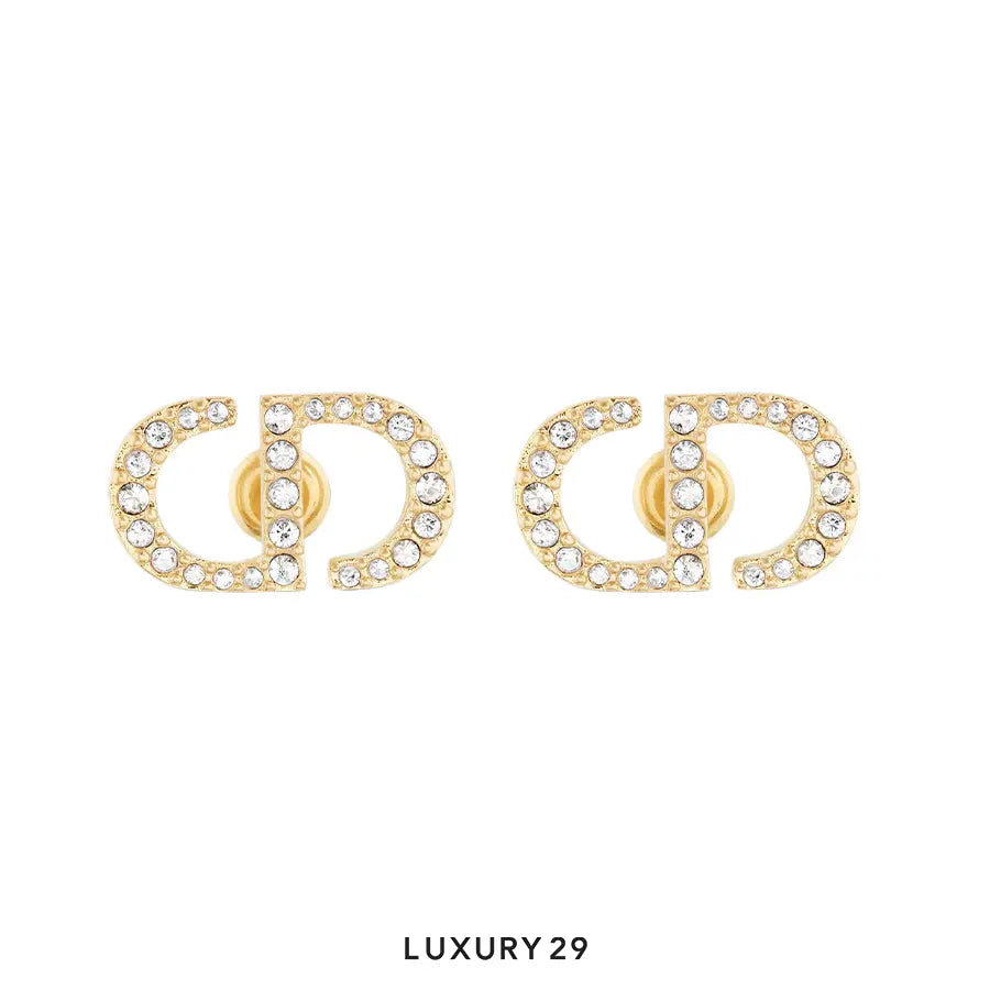 Dior Petit CD Stud Earrings Gold-Finish Metal and White Crystals