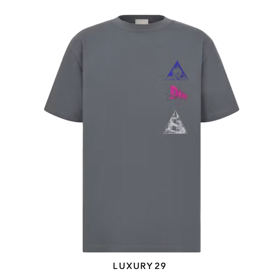 Gray t-shirt with colorful logos on a white background
