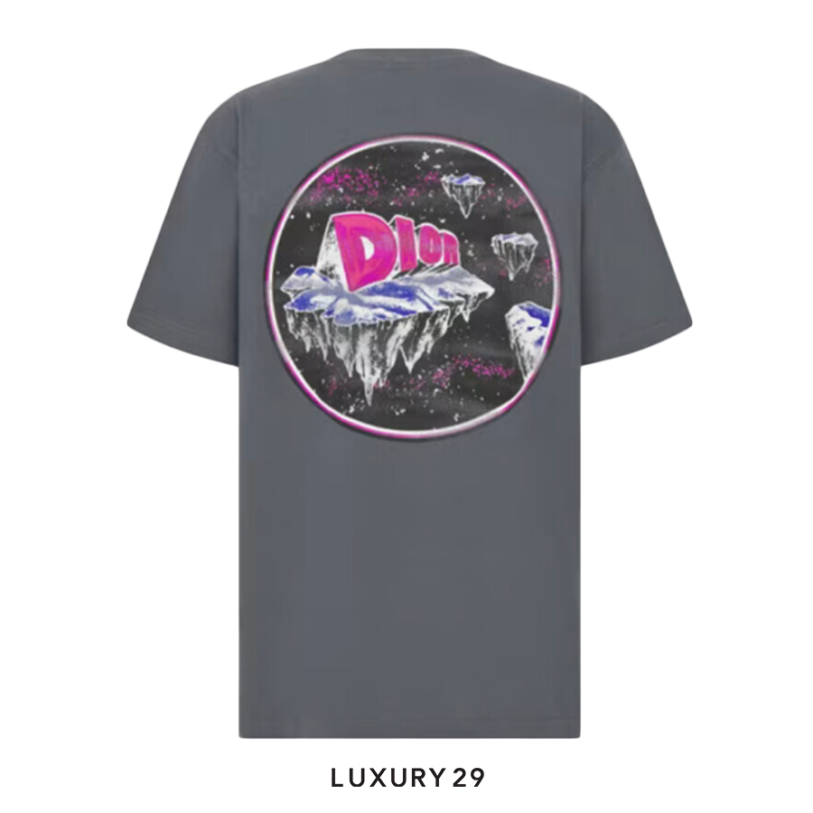 Gray t-shirt with a colorful graphic design on the back, featuring the letter 'D' and icebergs.