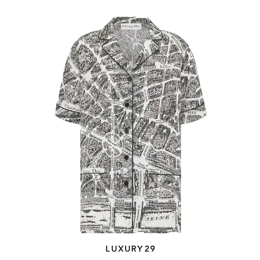 Dior Short-Sleeved Shirt White and Black Silk Twill with Plan de Paris Motif