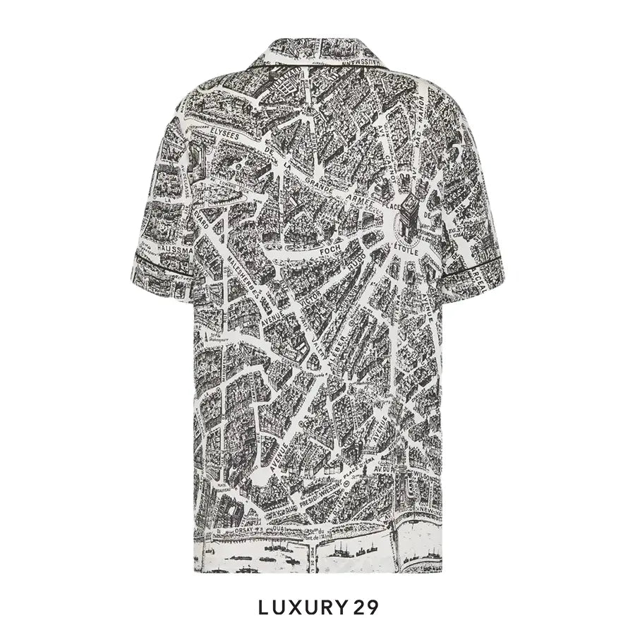 Dior Short-Sleeved Shirt White and Black Silk Twill with Plan de Paris Motif DIOR
