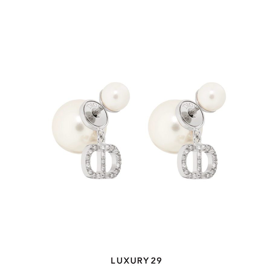 Dior Tribales Earrings Silver-Finish Metal with White Resin Pearls and Silver-Tone Crystals DIOR