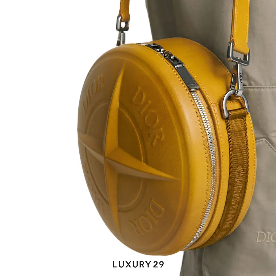 Dior and Stone Island Round Bag - Limited and Numbered Edition Yellow Stamped-Effect Smooth Calfskin DIOR