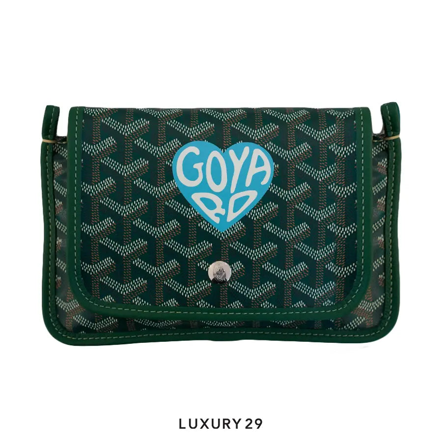 Goyard Plumet Pocket Wallet Green Hand-Painted Heart Blue