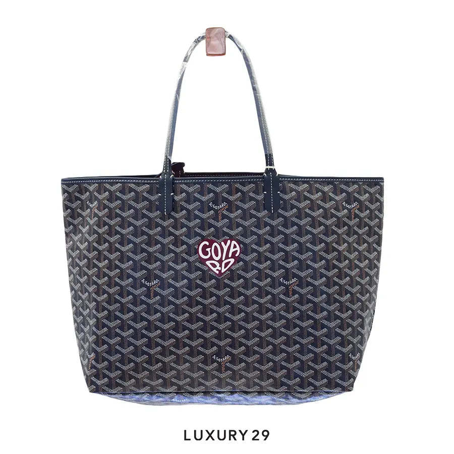 Goyard Saint Louis PM Bag Navy Blue Hand-Painted Heart Burgundy