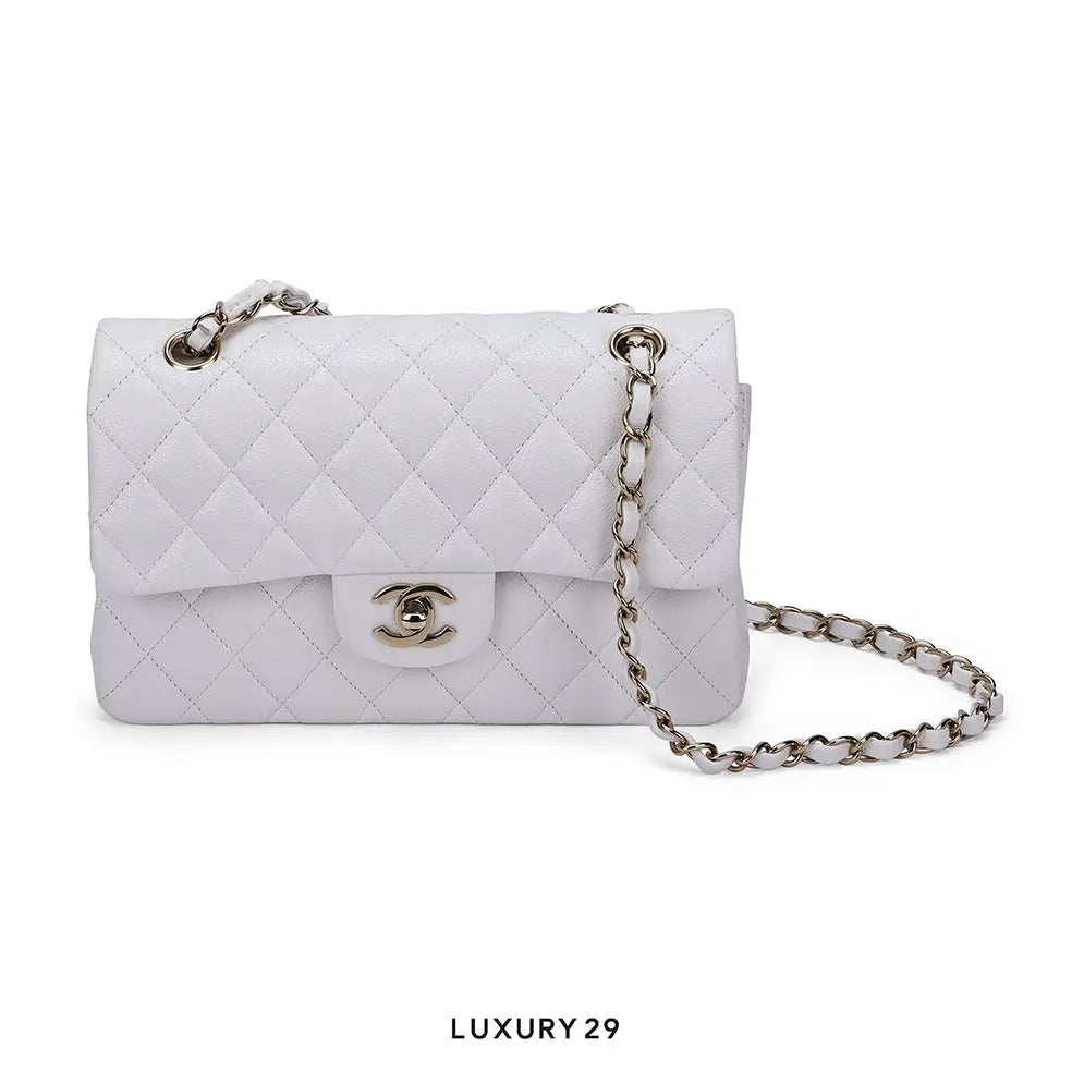 Chanel Small Classic Double Flap Bag White Caviar Light Gold Hardware