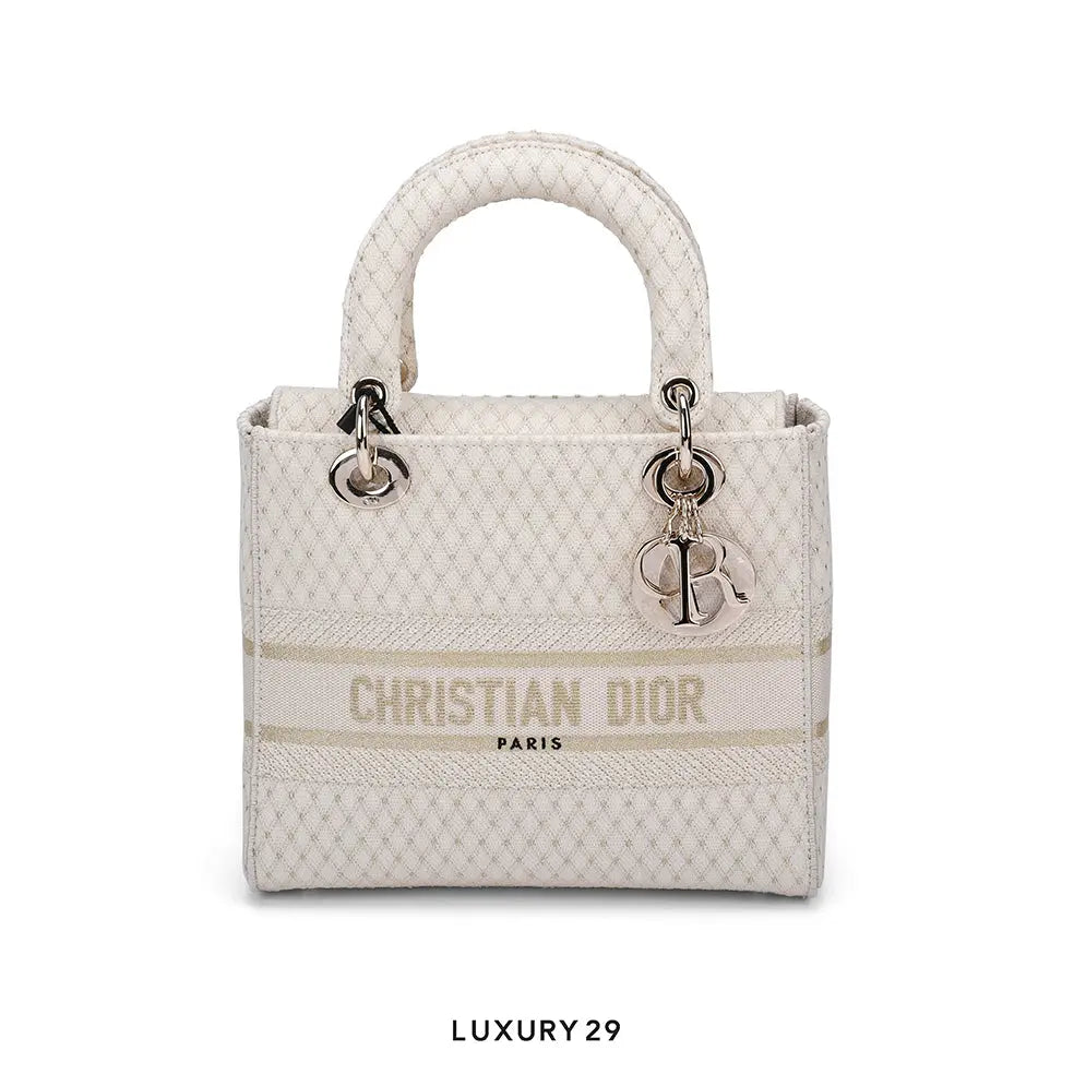 Dior Medium Or Lady D-Lite Bag Gold-Tone D-Lace Embroidery with Macrame