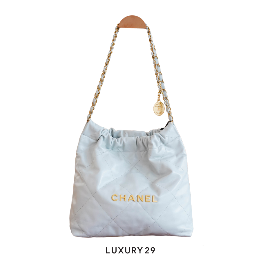 Chanel 22 Mini Handbag Shiny Calfskin & Gold-Tone Light Blue