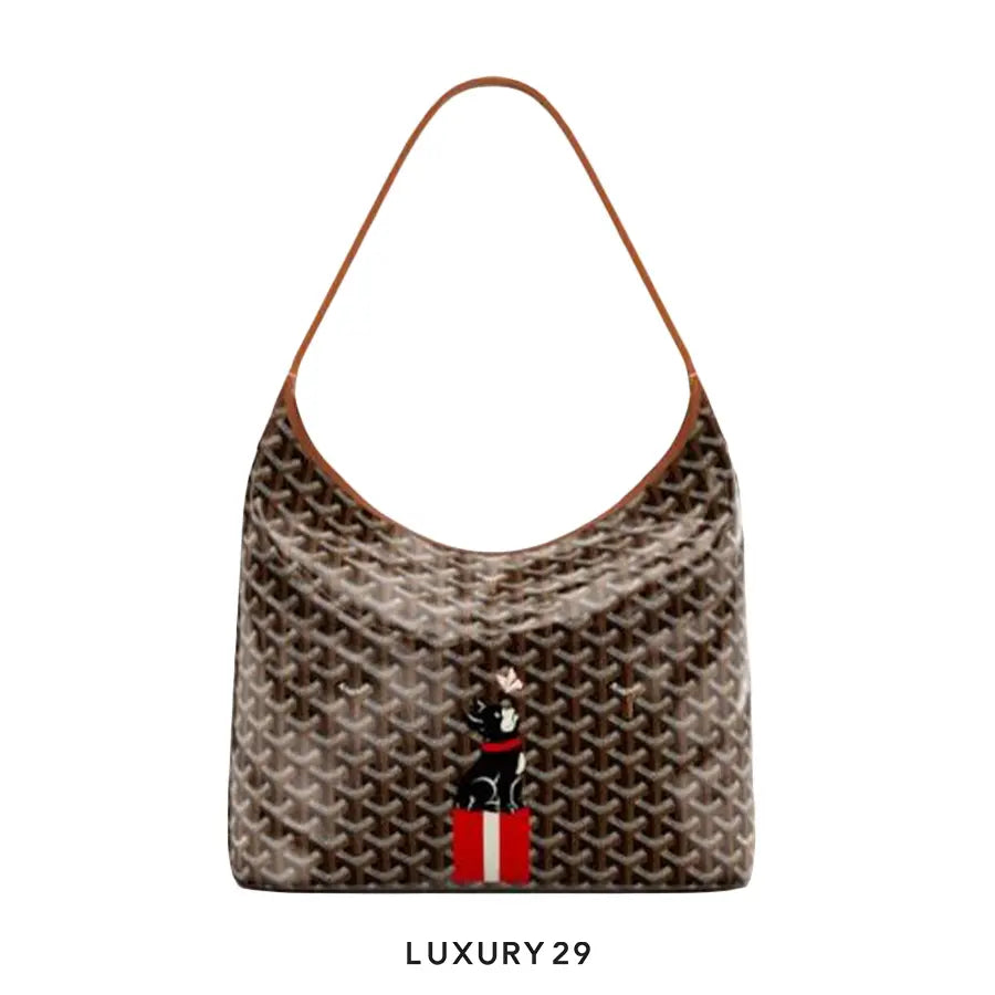 Goyard Boheme Hobo Bag Black & Tan Hand-Painted France Bulldog With Butterfly Red