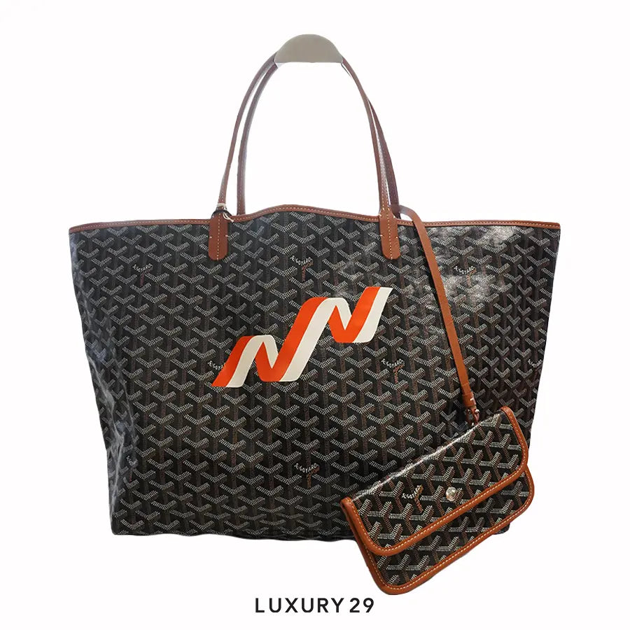 Goyard Saint Louis GM Bag Black & Tan Hand-Painted Banniere Orange White