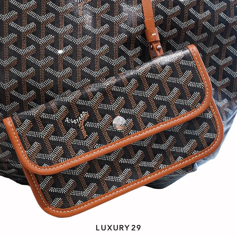 Goyard Saint Louis GM Bag Black & Tan Hand-Painted Banniere Orange White GOYARD