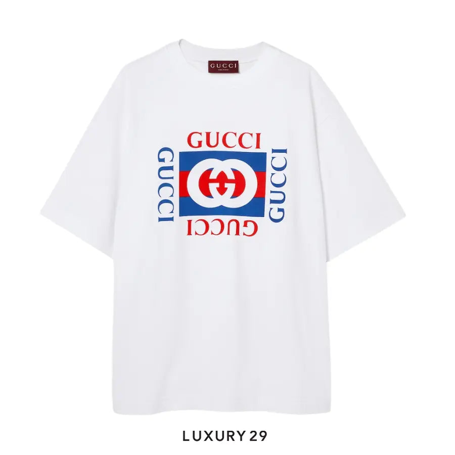 Gucci Cotton jersey T-shirt with Gucci print Gucci Interlocking G striped print White/Blue/Red GUCCI Luxury29