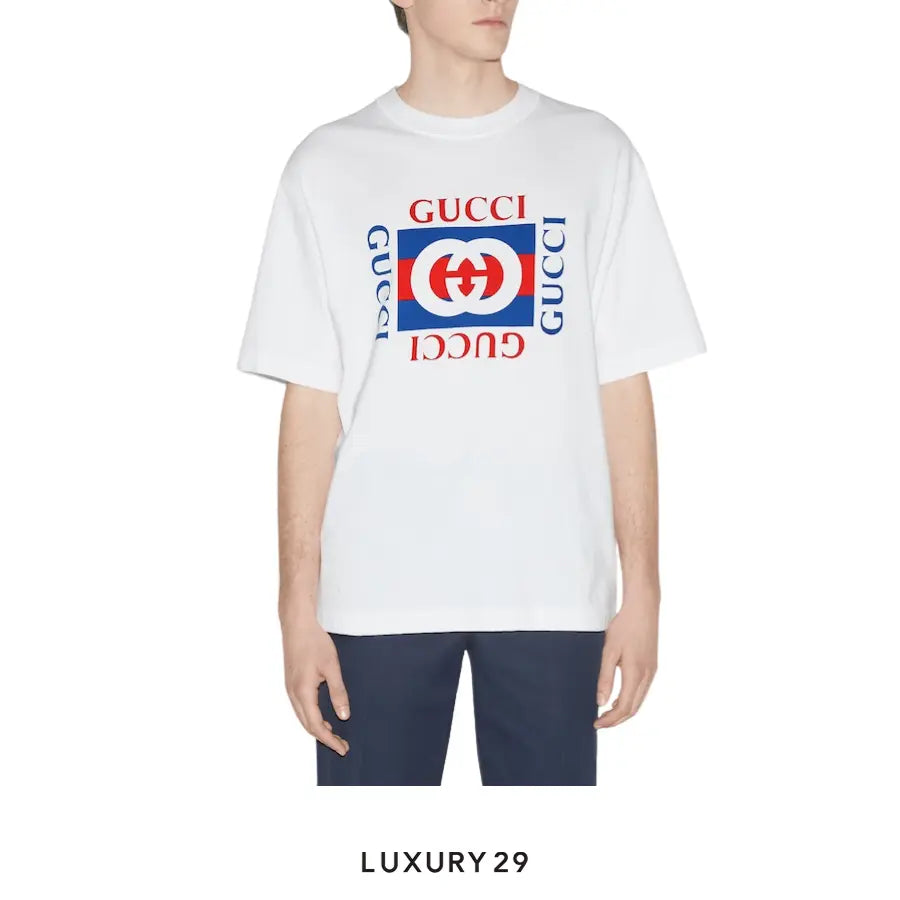 Gucci Cotton jersey T-shirt with Gucci print Gucci Interlocking G striped print White/Blue/Red GUCCI Luxury29