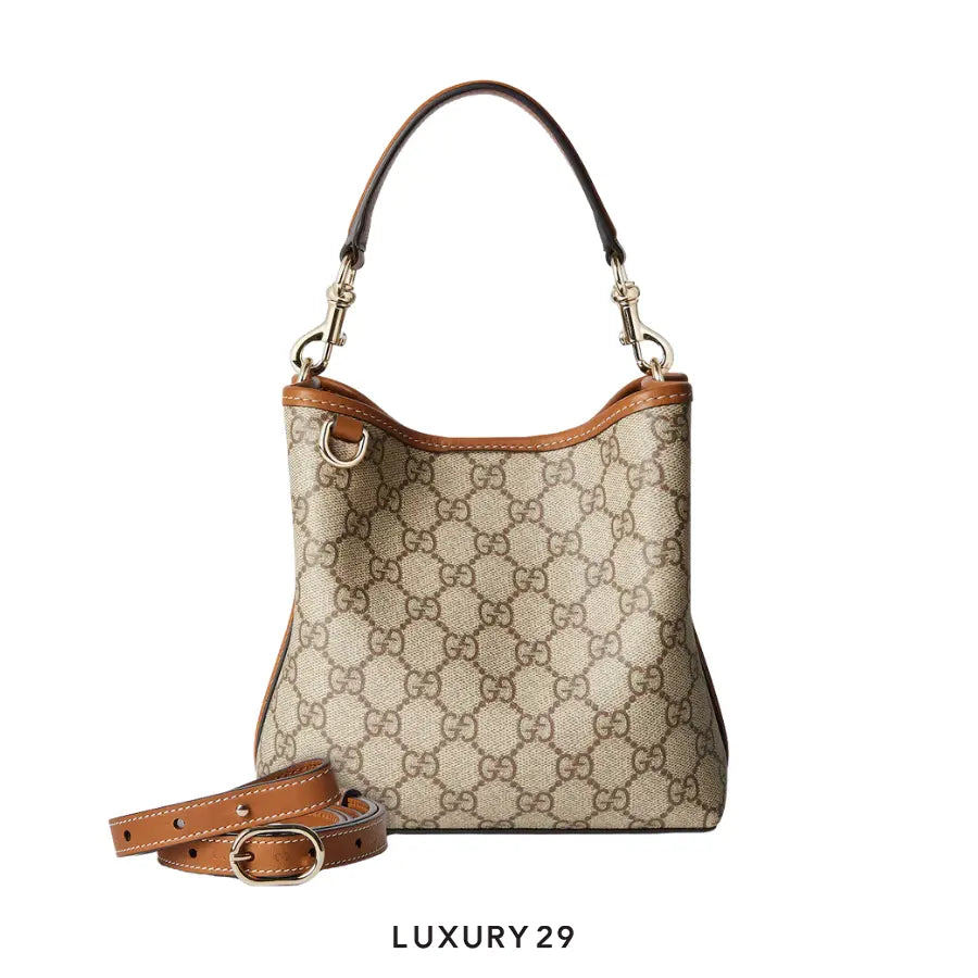 Gucci GG Emblem small bucket bag Beige and dark Brown new GG Monogram coated fabric