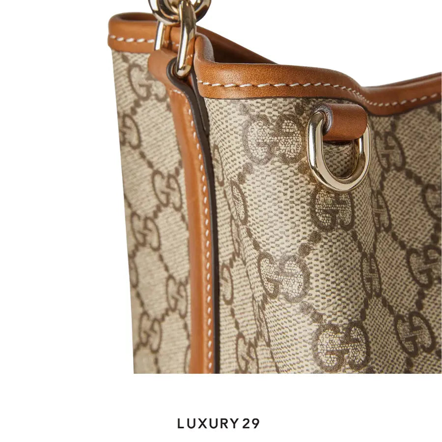 Gucci GG Emblem small bucket bag Beige and dark Brown new GG Monogram coated fabric