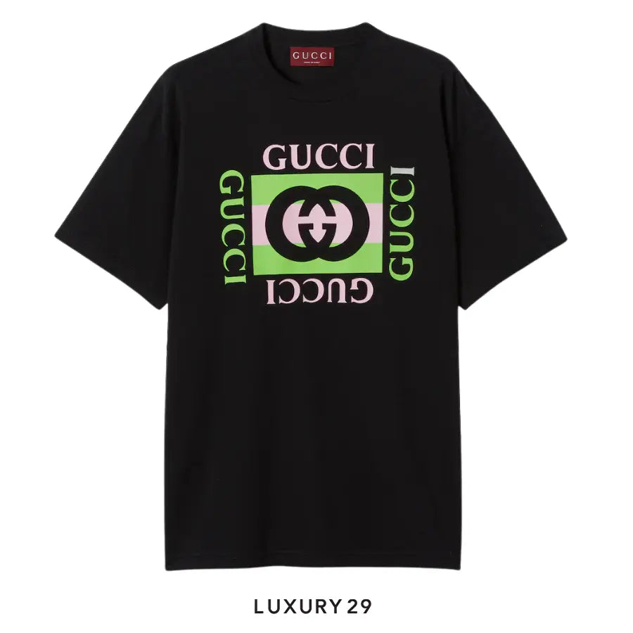 Gucci Printed cotton jersey T-shirt Gucci Interlocking G striped print Black/Neon GUCCI Luxury29