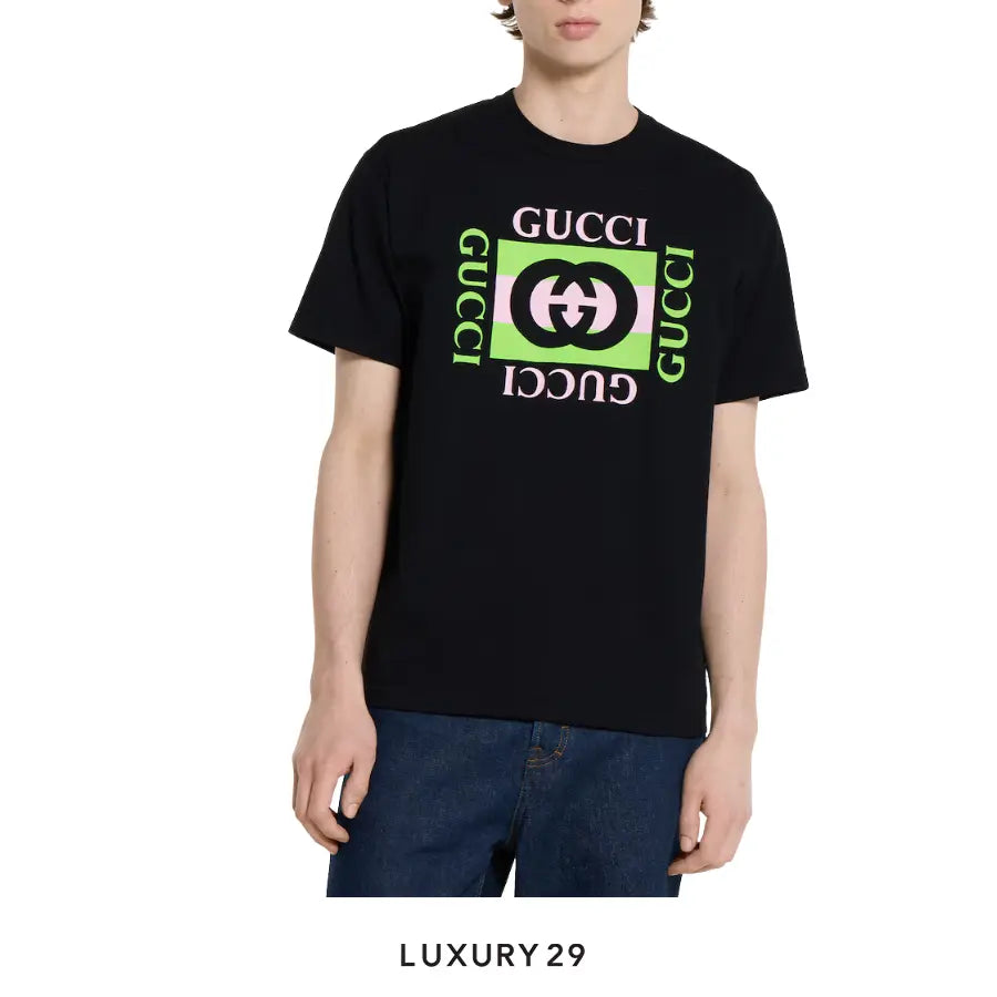 Gucci Printed cotton jersey T-shirt Gucci Interlocking G striped print Black/Neon GUCCI Luxury29