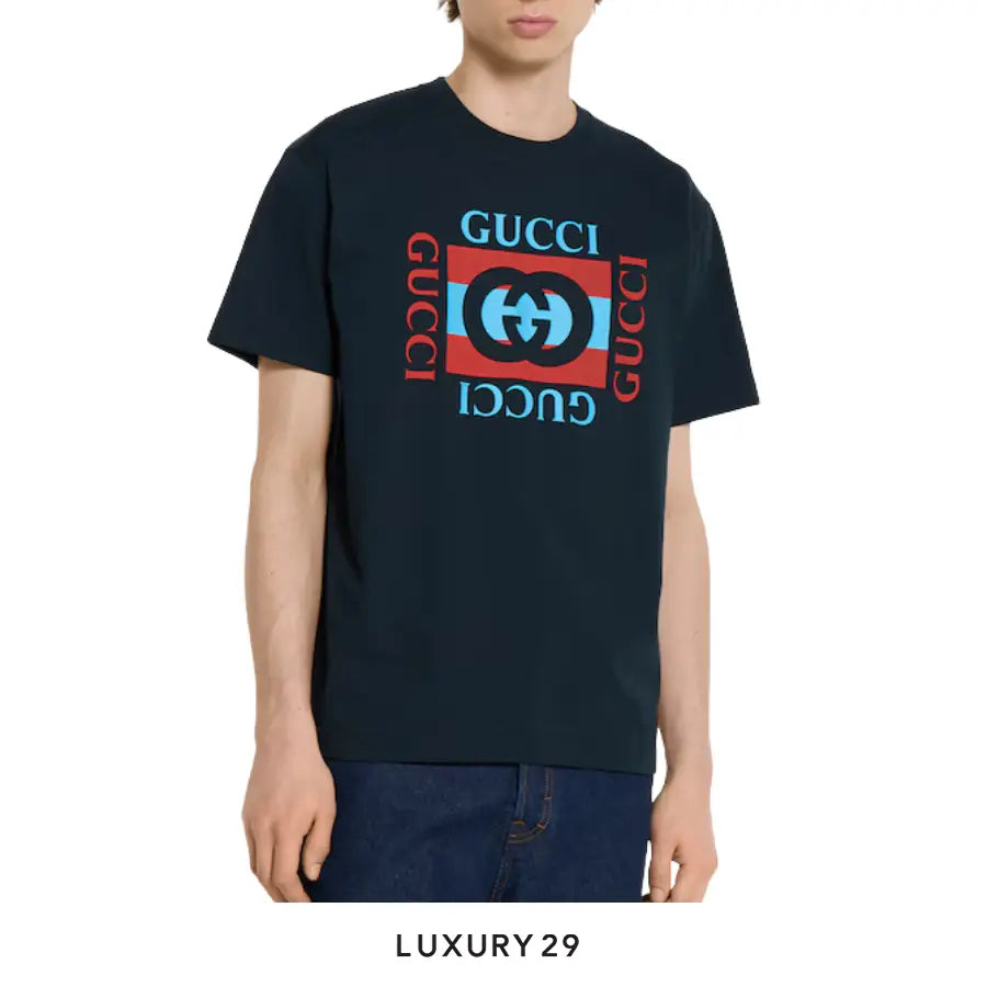 Gucci Printed cotton jersey T-shirt Gucci Interlocking G striped print Navy/Blue/Red GUCCI Luxury29