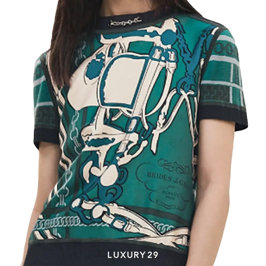 Hermes "Brides de Gala et Chaines" short-sleeve twillaine sweater Vert Oxford