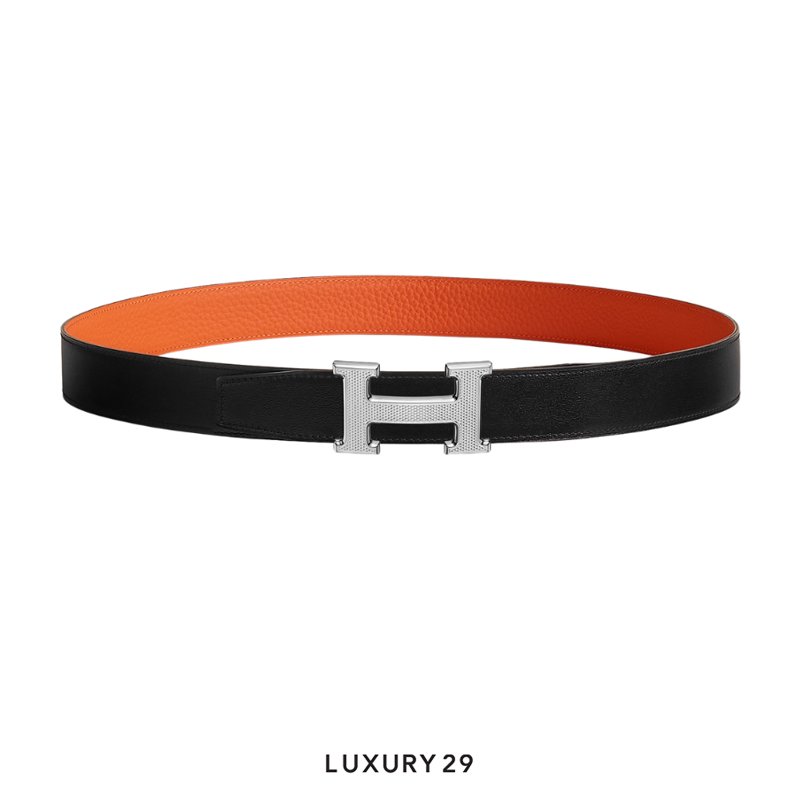 Hermes H Guillochee belt buckle Silver & Reversible leather strap 32 mm Noir / Orange HERMES