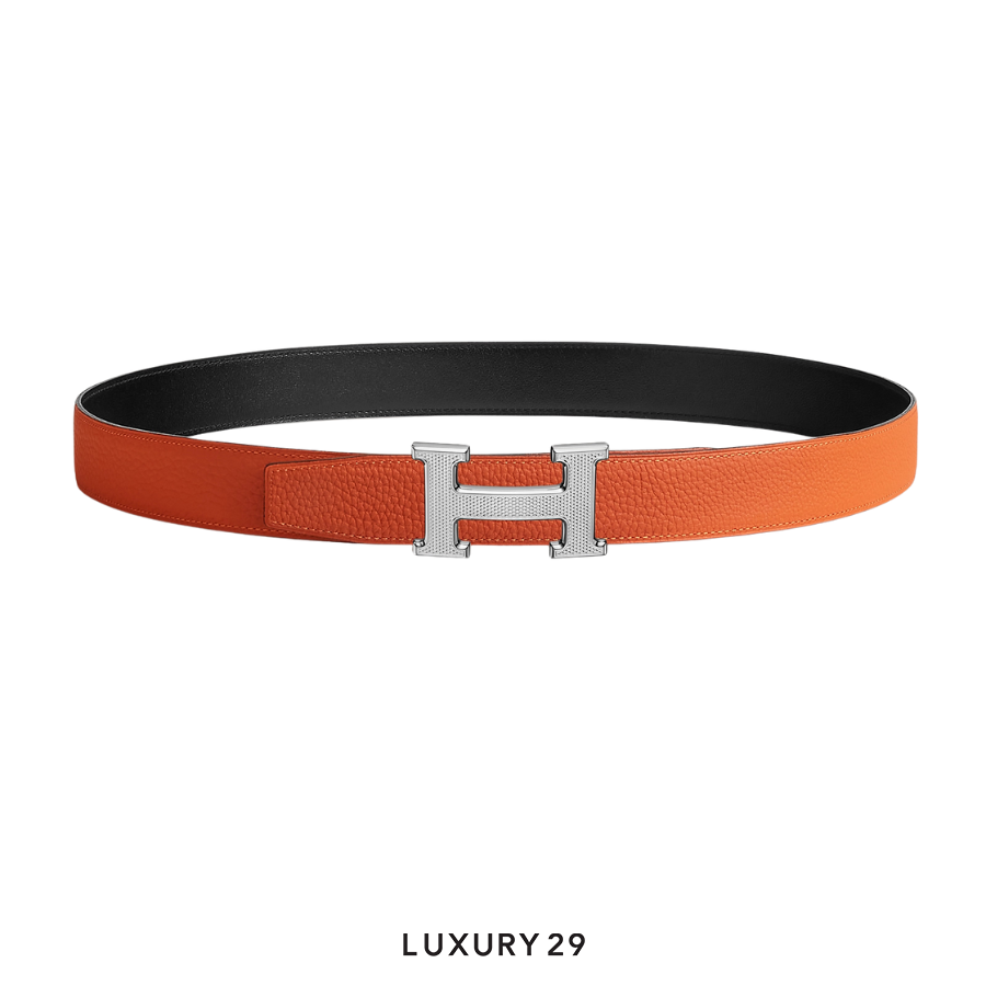 Hermes H Guillochee belt buckle Silver & Reversible leather strap 32 mm Noir / Orange HERMES