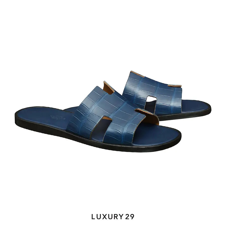 Hermes Izmir Crocodile Slides Blue Crocodile