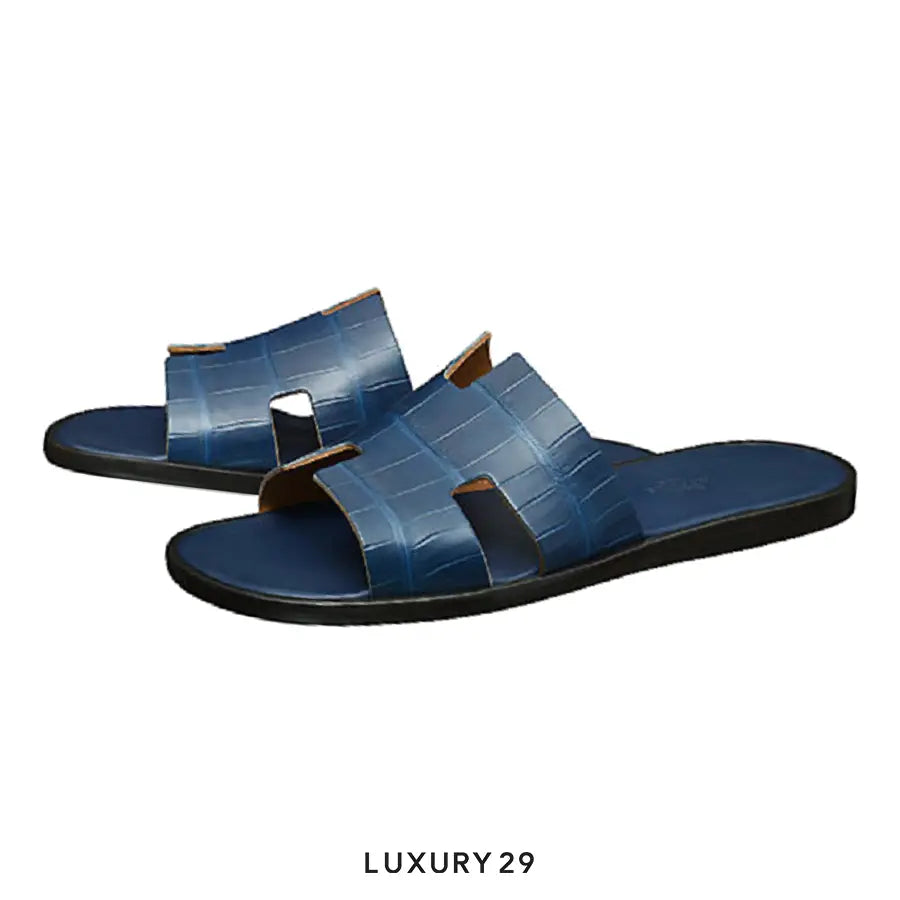 Hermes Izmir Crocodile Slides Blue Crocodile HERMES