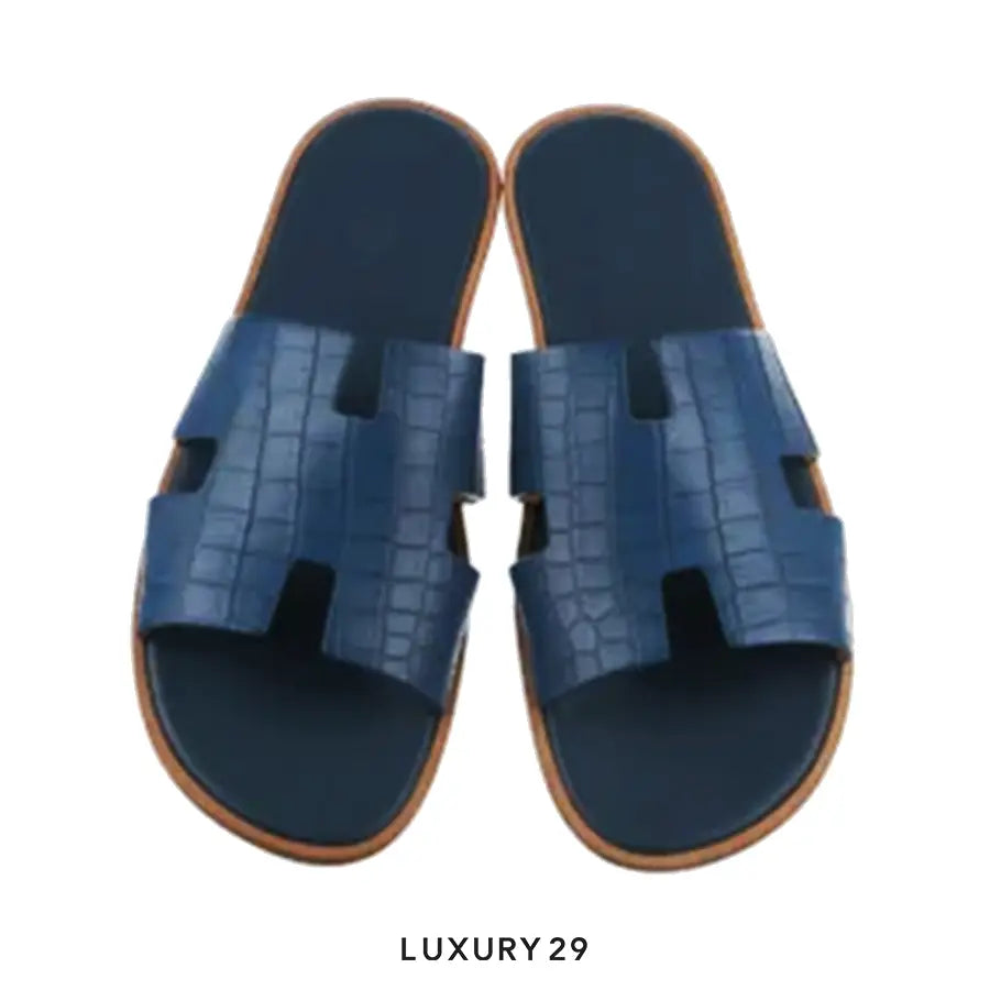 Hermes Izmir Crocodile Slides Blue Crocodile HERMES
