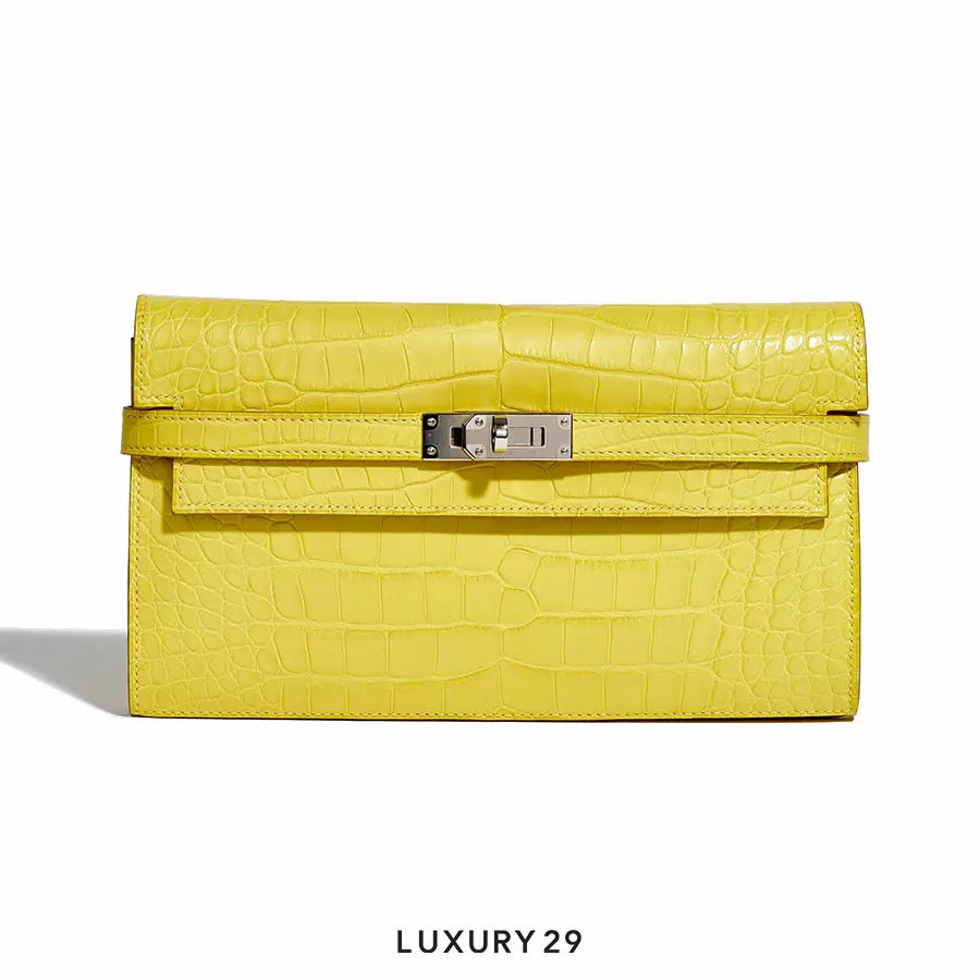 Hermes Matte Alligator Kelly Longue Wallet Mimosa / B Stamp (2023)