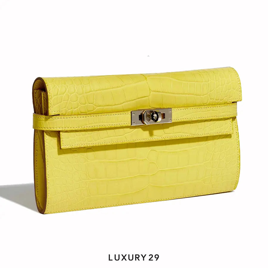 Hermes Matte Alligator Kelly Longue Wallet Mimosa / B Stamp (2023) HERMES